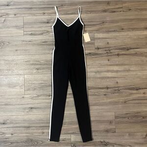 NWT Wilo The Label Ribbed Jumpsuit Black Skinny White Stripe One Piece Womens XS
